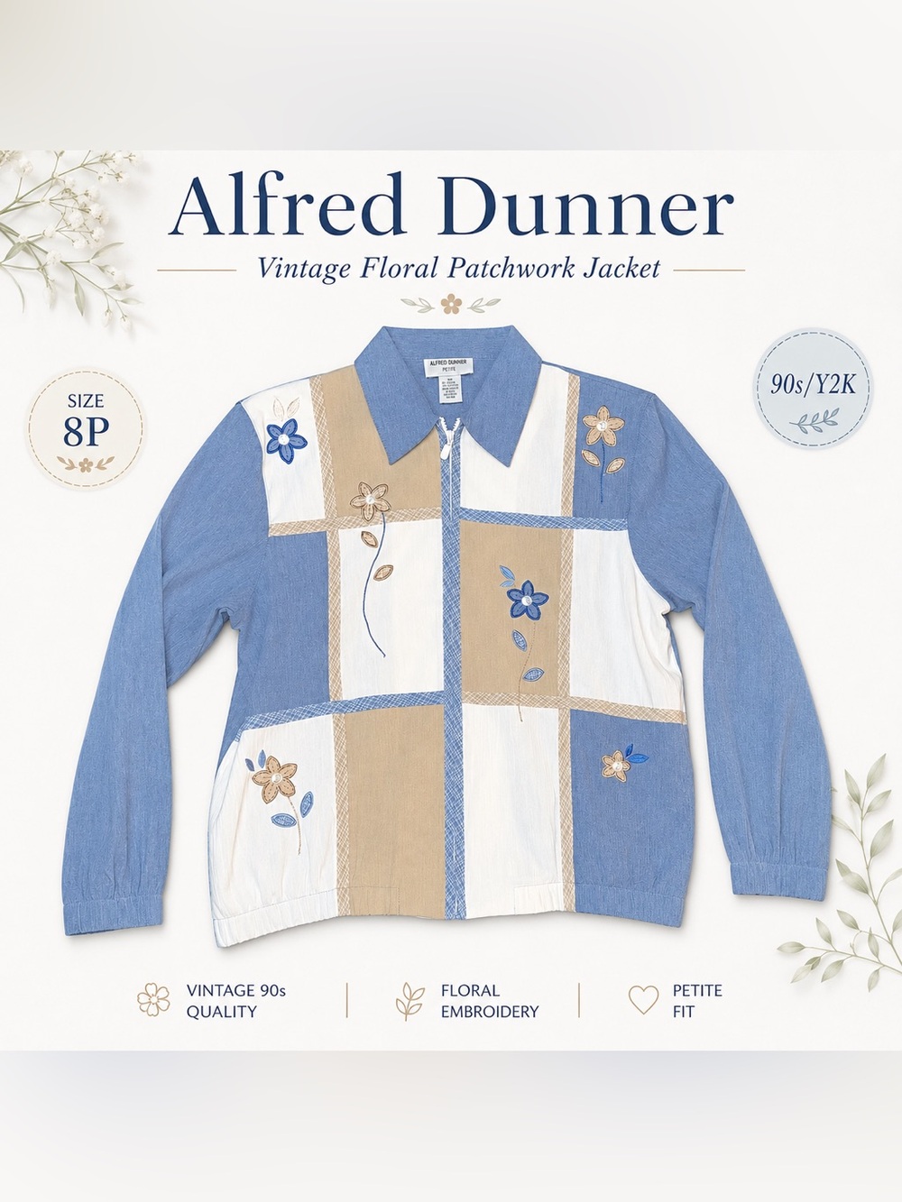 Vintage Alfred Dunner Petite Floral Patchwork Jacket 8P Shoulder Pads 90s Y2K